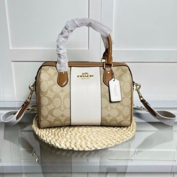 Coach Handbags - Coach Rowan Women Satchel In Signature Canvas With Stripe Light Khaki Color $495